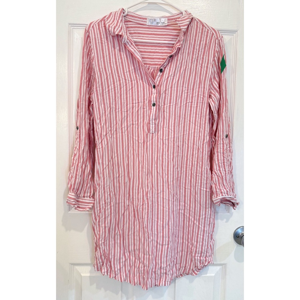 Time and Tru Tunic Top Womens Small Pink White Striped Long Sleeve Shirt